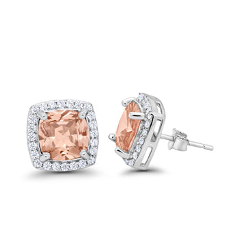 Halo Cushion Bridal Earrings Simulated Morganite CZ 925 Sterling Silver